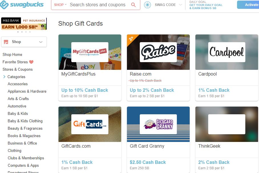 Swagbucks - Purchase gift cards and redeem points