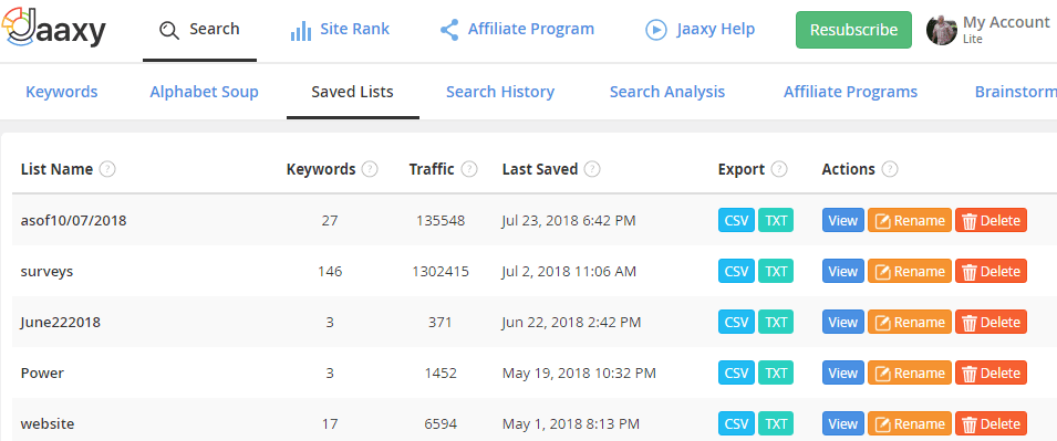 Jaaxy Saved Keyword Lists