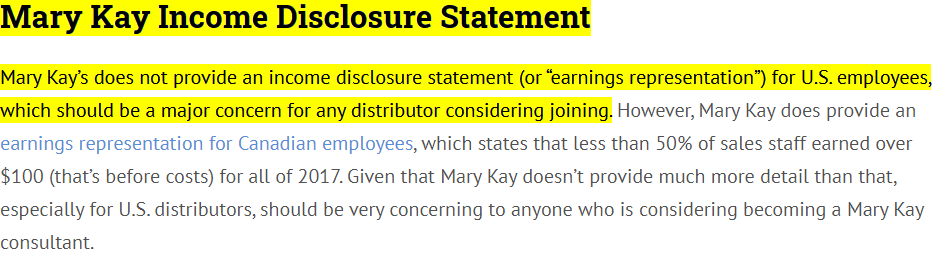 Mary Kay Income Disclosure Statement