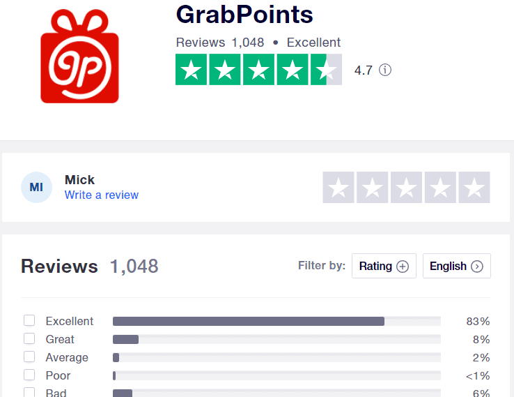 What is GrabPoints.com - Trustpilot review stats