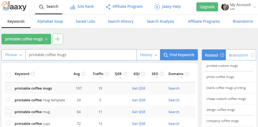 what is Printable Profits - Jaaxy example