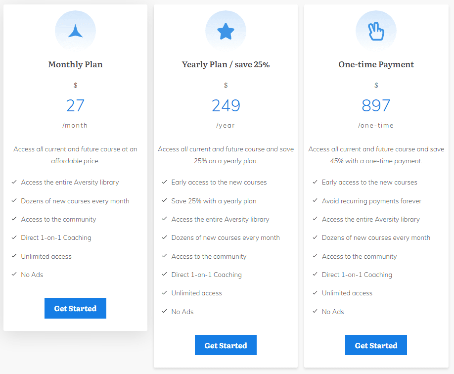 Aversity Gold Masterclass Review - Membership types