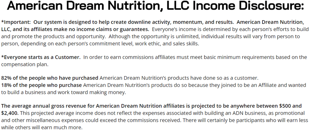 American Dream Nutrition Income disclosure