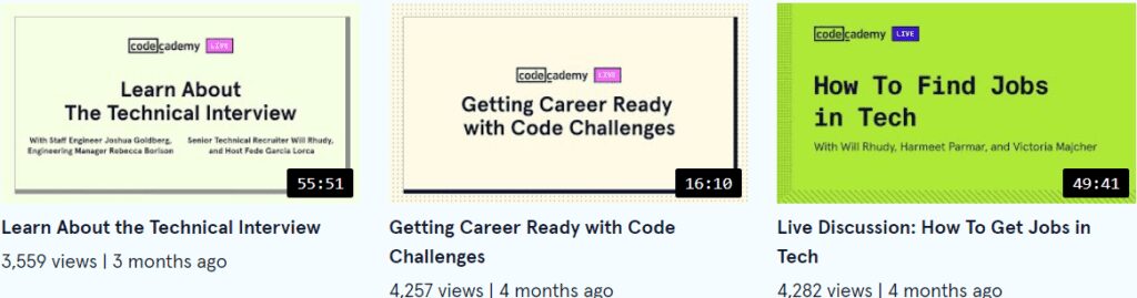 Image that shows you 3 videos to explain things on Codecademy