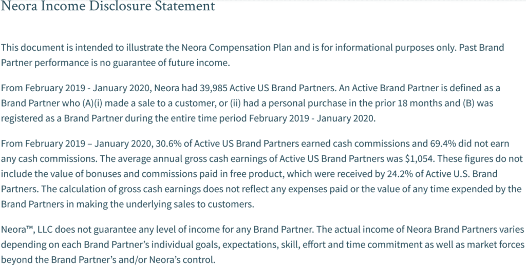 Neora income disclosure