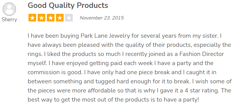 Park Lane Jewelry positive review #2