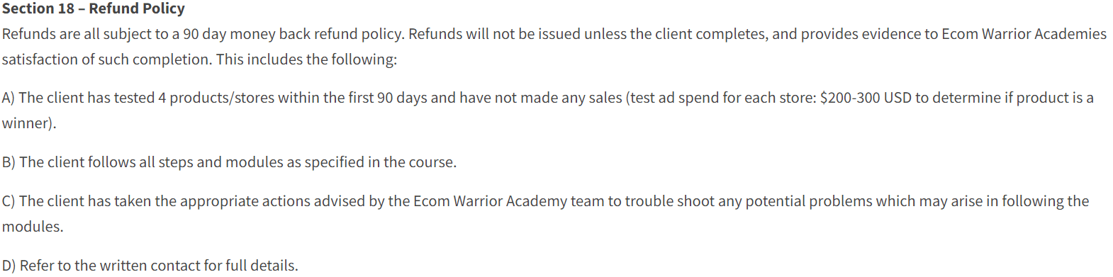 ecom warrior academy Refund policy