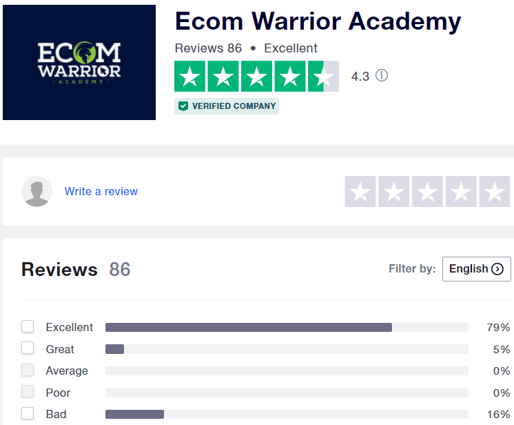 ecom warrior academy Trust Pilot summary